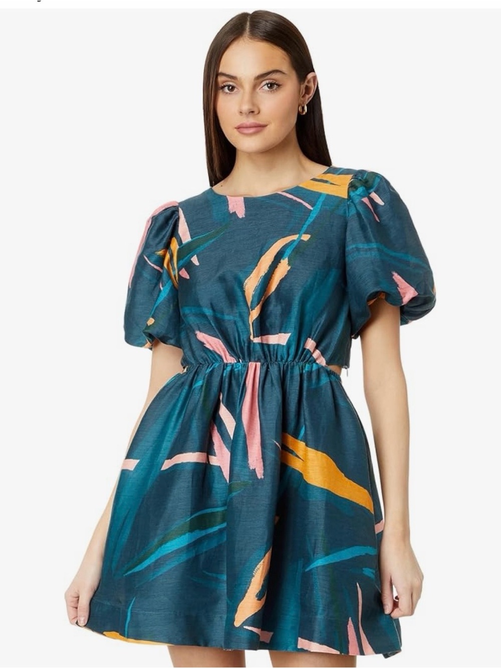 Teal Abstract Print Puff-Sleeve Women's Dress